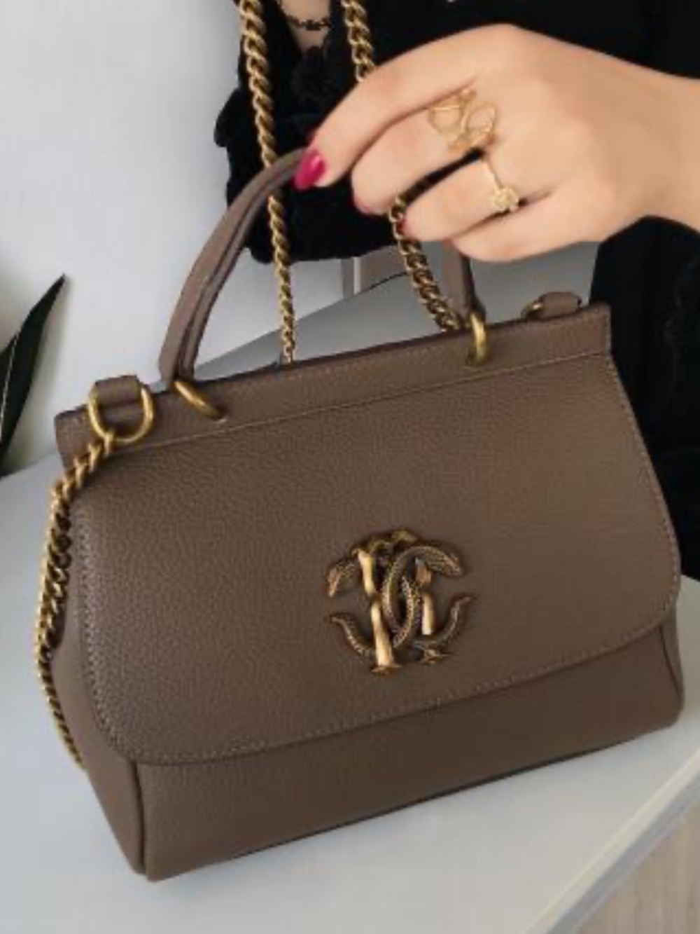Roberto Cavalli Black Leather Serpente Top
Handle Bag